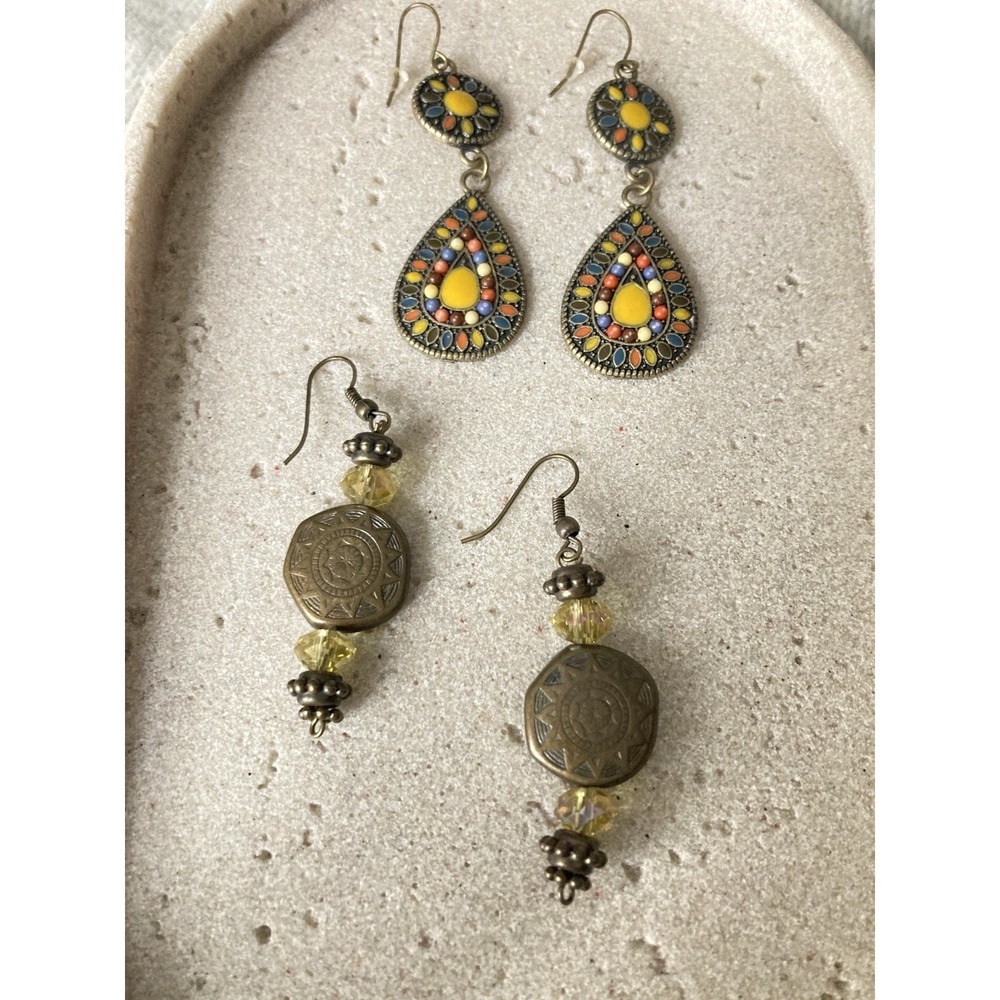 Boho Mosaic Teardrop Dangle Earrings Set Of 2 Orange Blue Antiqued Gold Tone
